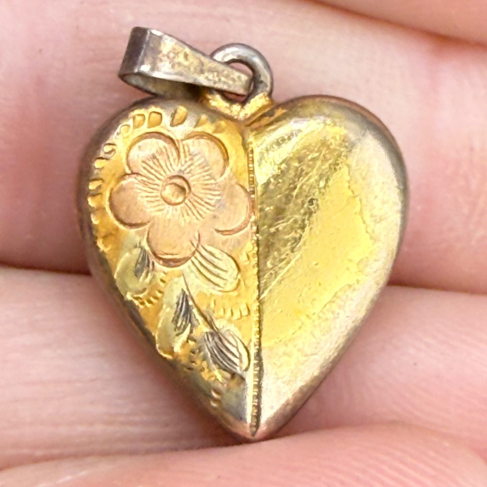Vintage Estate Heart Pendant Goldβ Filled Etched Flower Textured Charm